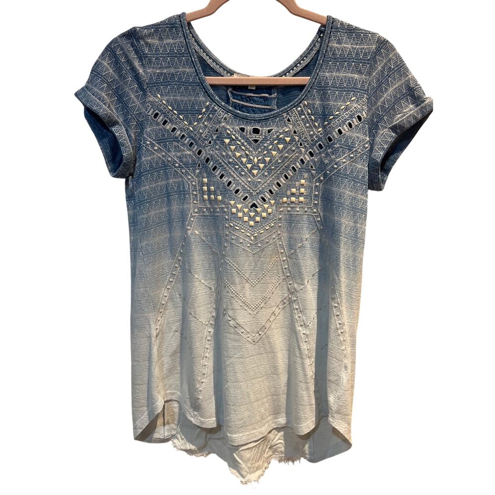 Miss Me Ombre Tribal Studded Top Women’s Small Blue Dip Dye Boho Cotton Modal